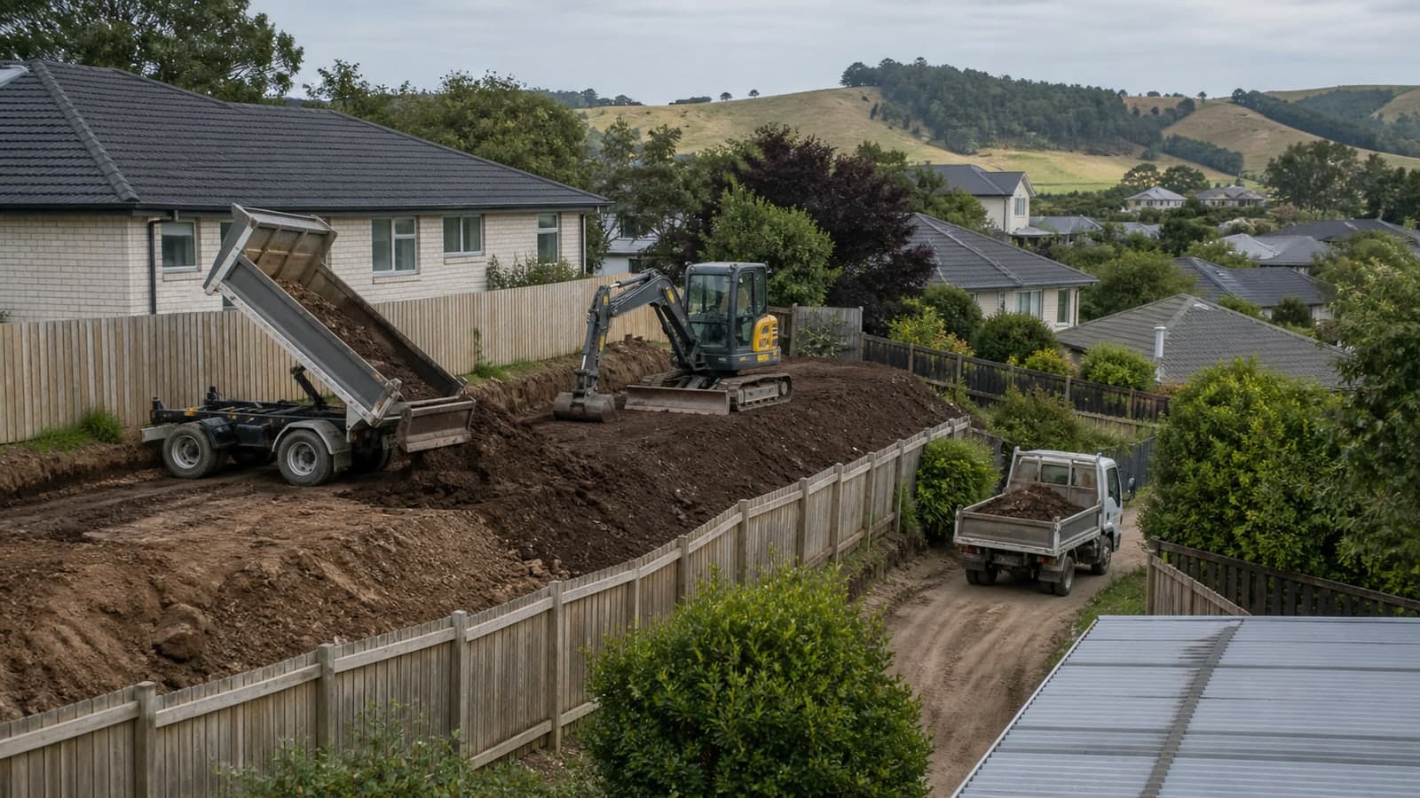Tip trucks delivering fill while an excavator levels raised ground on a New Zealand residential property